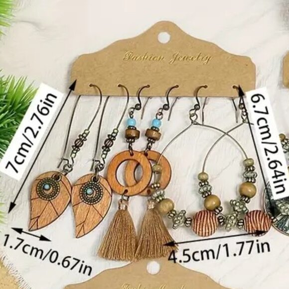 Earrings 3pr Wood Turquoise Bead Tassel Dangle Boho Hippie Southwest Stylish Fun - Picture 2 of 2